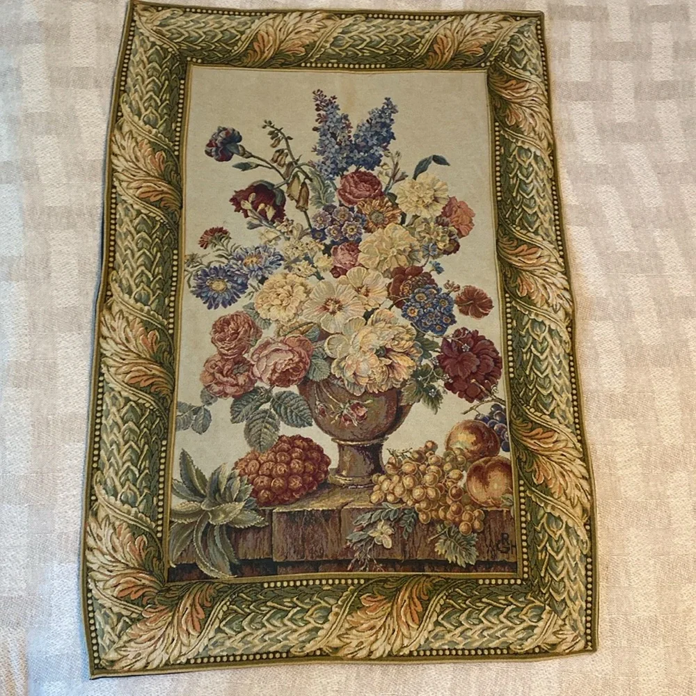 Vintage GRH France Gobelin Tapestry of flowers & fruit